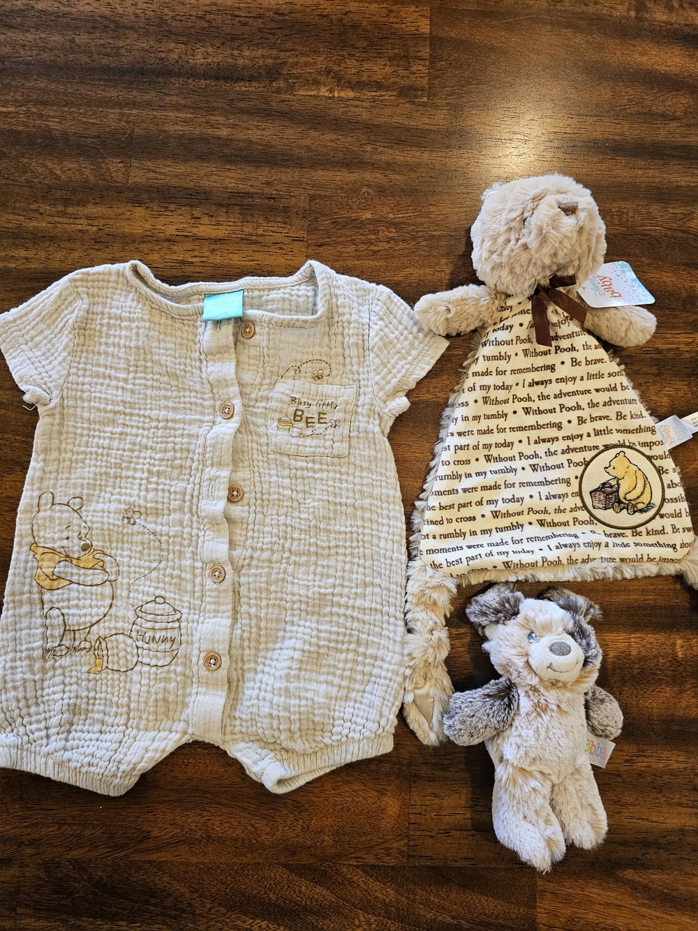 Disney Baby Winnie the Pooh Beige Muslin Romper with Lovey & Plush Toy Bundle